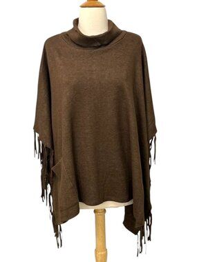 Back in the Saddle Bluff Trail Turtleneck Fringed Poncho Armholes Pocket One Sz